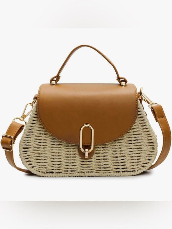 Handbags - Woven Tan and Cream Top-Handle Satchel with Adjustable Strap